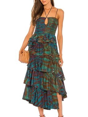 Ulla Johnson Zenat Runway Silk Ikat Tiered Halter Dress Emerald Size 6